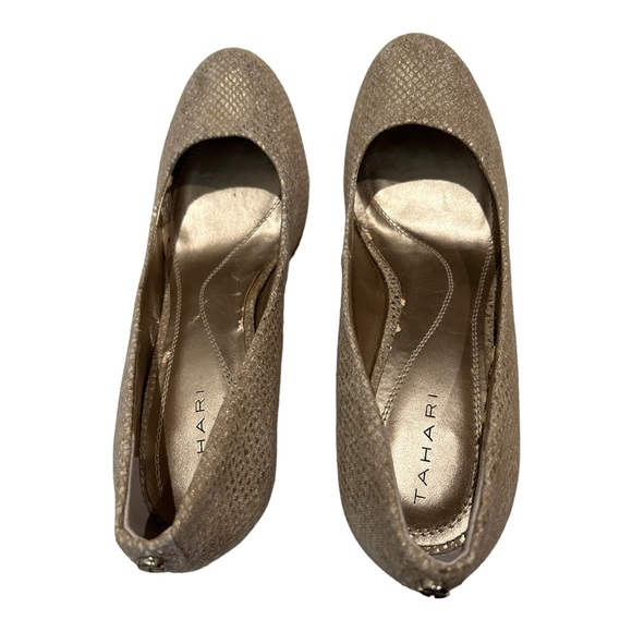 Tahiti Gold and Cork Snake Skin 3 Inch High Heels Shoes Size 10 - Picture 10 of 11